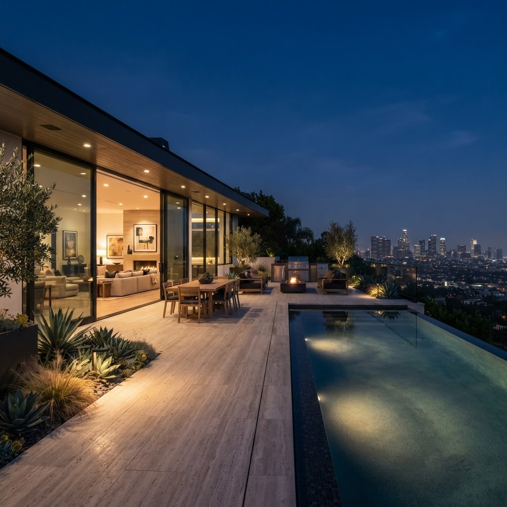 Terraza de residencia moderna al atardecer con piscina y acabados en piedra